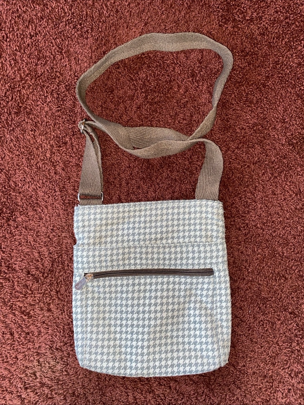 Thirty One Houndstooth Crossbody Purse Bag Tan Wool Blend Academia Preppy